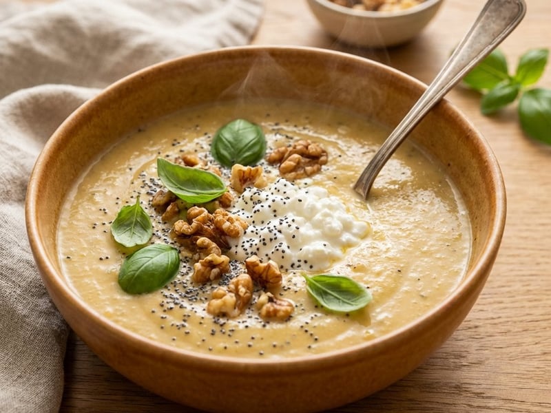 Geröstete Gemüsesuppe mit Hüttenkäse