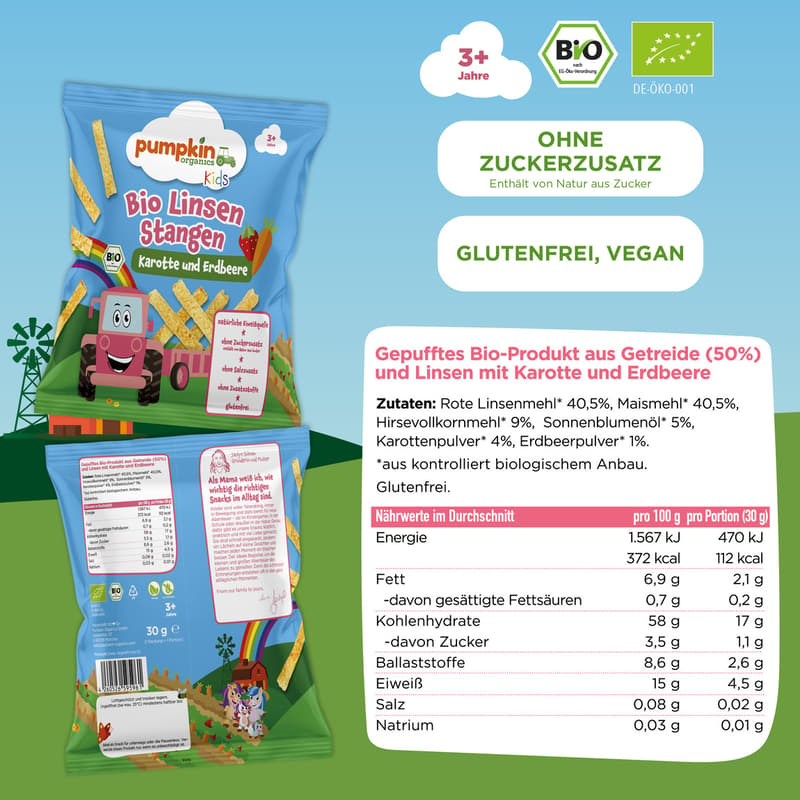 Pumpkin Organics Bio Linsen Stangen Karotte & Erdbeere