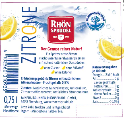 RhönSprudel Mineralwasser PLUS Zitrone Glas 12x0,75l (MEHRWEG)