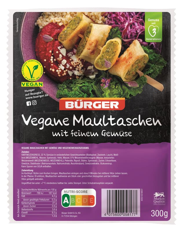 Bürger Maultaschen mit Gemüse VEGAN