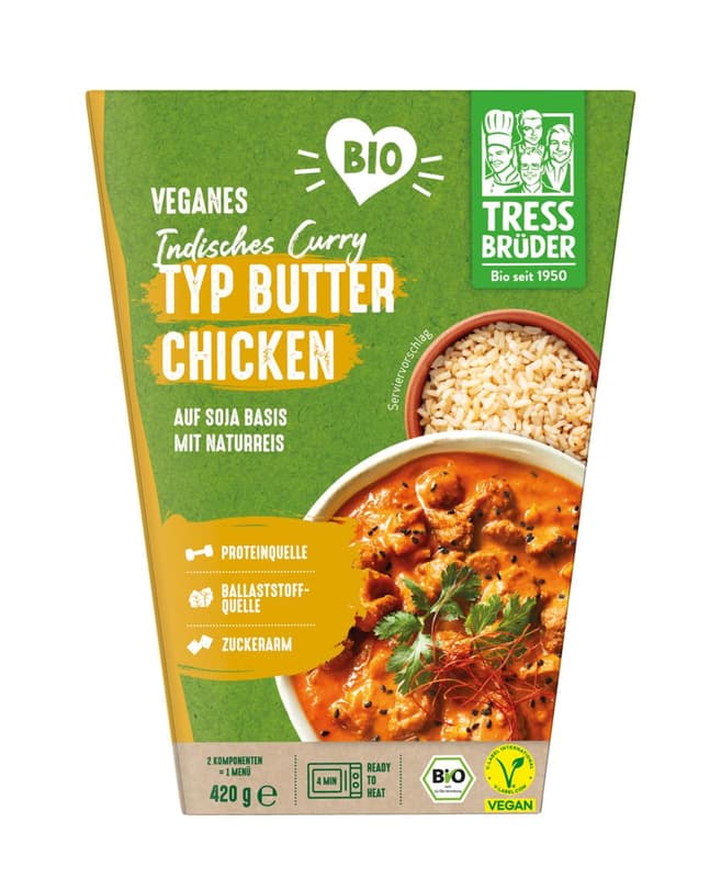 TressBrüder BIO Curry Typ Butter Chicken auf Soja-Basis mit Naturreis VEGAN