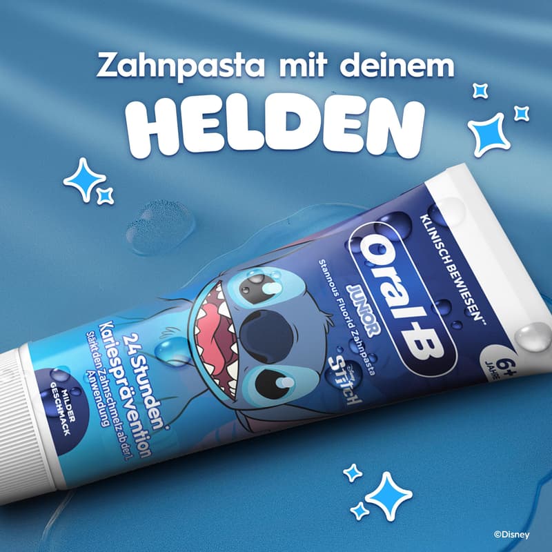 Oral-B Junior 6+ Jahre, Stitch Zahnpasta, milder Geschmack, mit Stannous Fluorid