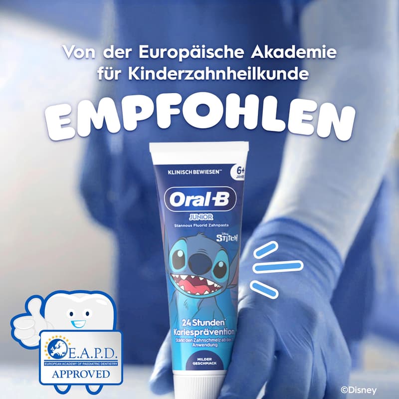 Oral-B Junior 6+ Jahre, Stitch Zahnpasta, milder Geschmack, mit Stannous Fluorid