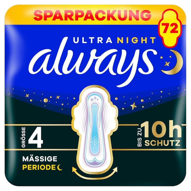 Always Ultra Damenbinden Secure Night mit Flügeln Monatspaket, (6x 12)