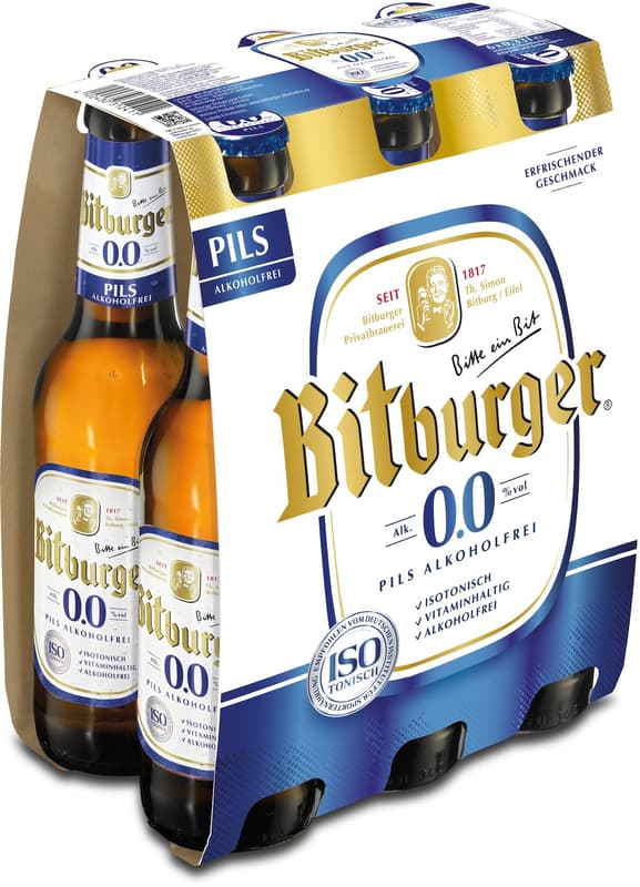 Bitburger 0,0% alkoholfreies Pils 6x0,33 l (MEHRWEG)