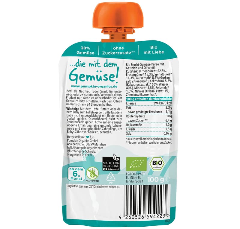Pumpkin Organics BIO Quetschie Birne, Erbse, Spinat, Gurke, Minze