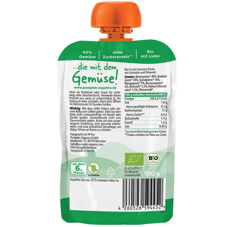 Pumpkin Organics BIO Quetschie Birne, Brokkoli, Spinat, Mango, Banane Reis