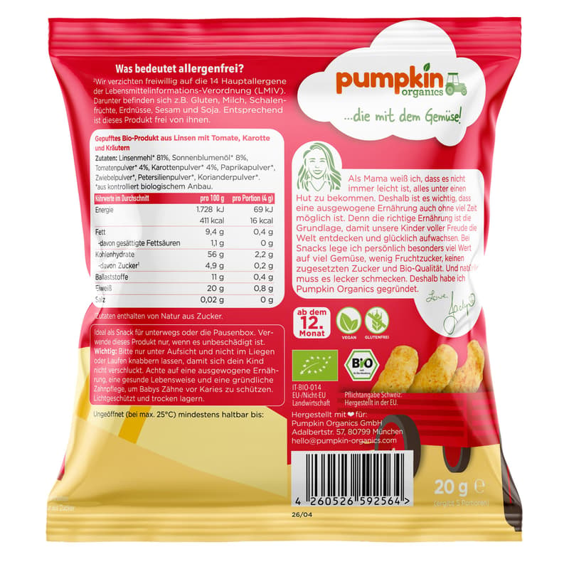 Pumpkin Organics BIO Linsen Puffs Tomate, Karotte & Kräutern