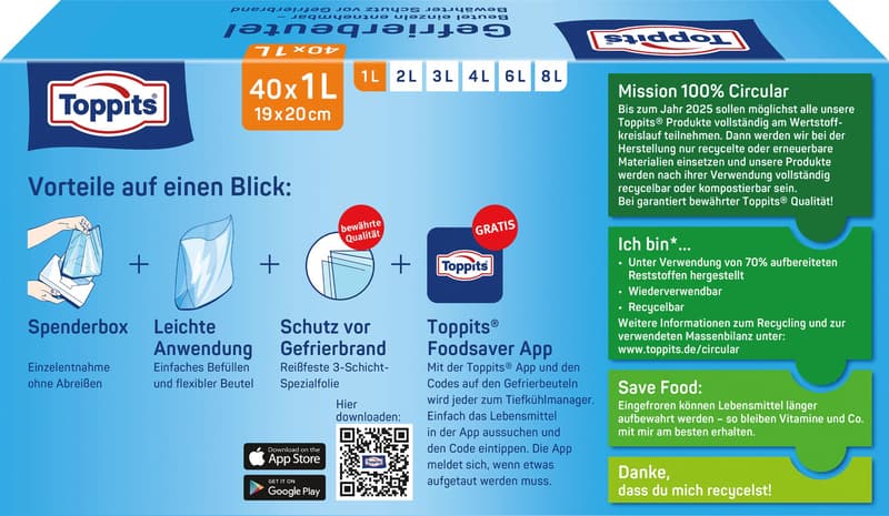 Toppits Gefrierbeutel 1 L/40 NP Standboden