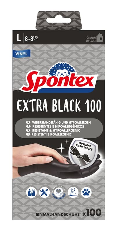 Spontex Extra Black Einmalhandschuhe aus Vinyl, ungepudert und latexfrei, in praktischer Spenderbox, Größe L, 100er Pack