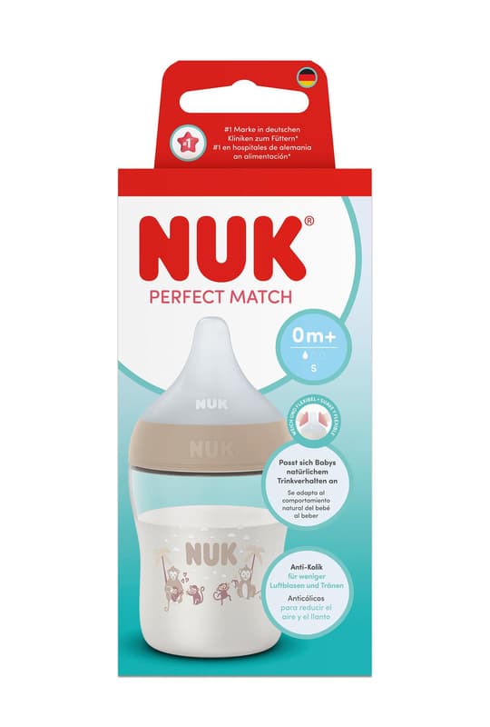 NUK Perfect Match Baby Bottle, adapts to baby’s natural drinking behavior, anti-colic, 150 ml, from 0+ months, monkey design