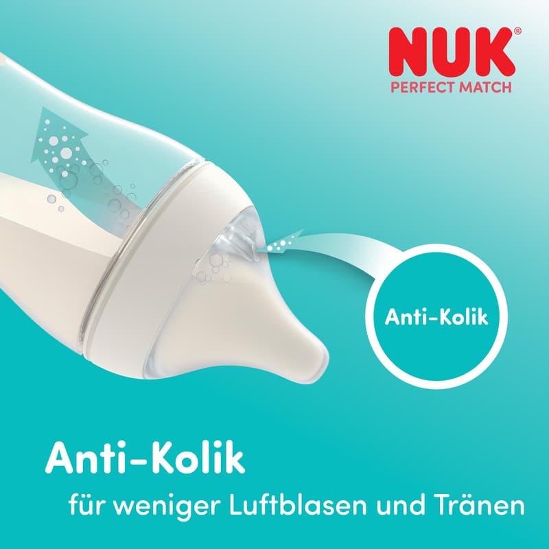 NUK Perfect Match Baby Bottle, adapts to baby’s natural drinking behavior, anti-colic, 150 ml, from 0+ months, monkey design