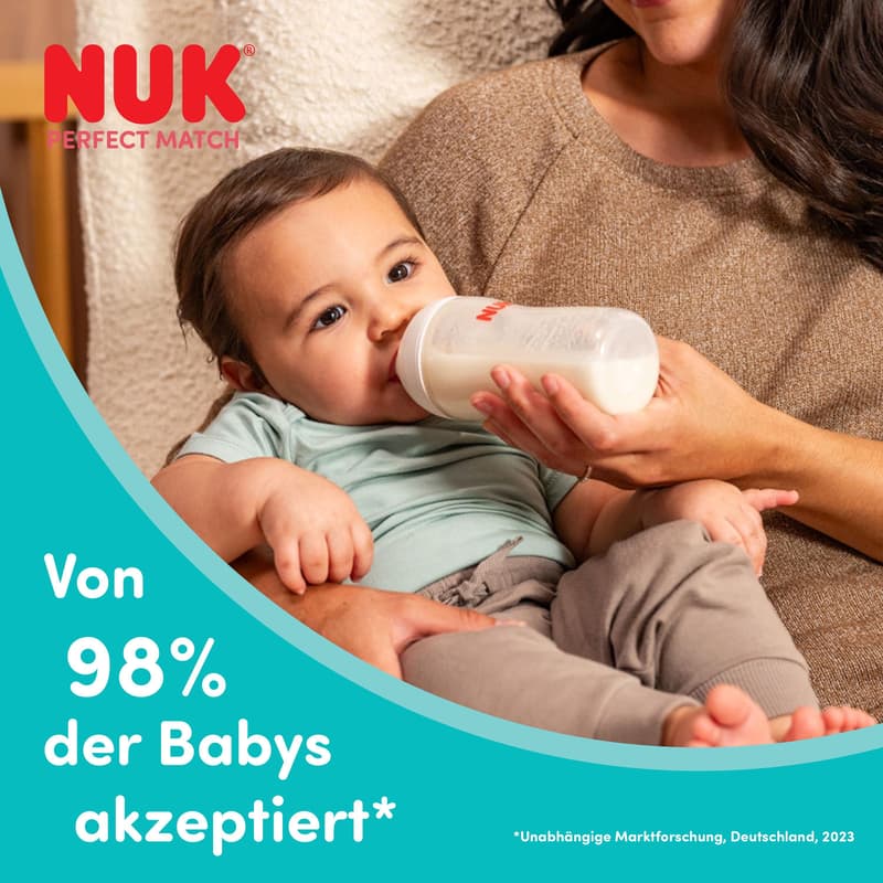 NUK Perfect Match Baby Bottle, adapts to baby’s natural drinking behavior, anti-colic, 150 ml, from 0+ months, monkey design