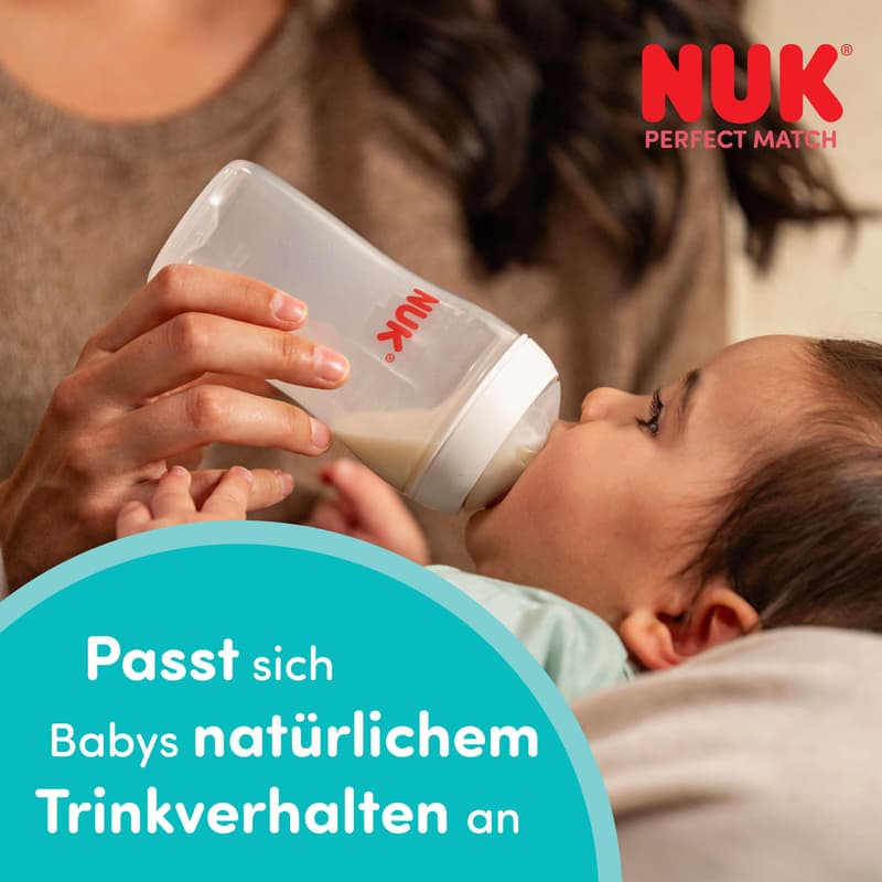 NUK Perfect Match Baby Bottle, adapts to baby’s natural drinking behavior, anti-colic, 150 ml, from 0+ months, monkey design