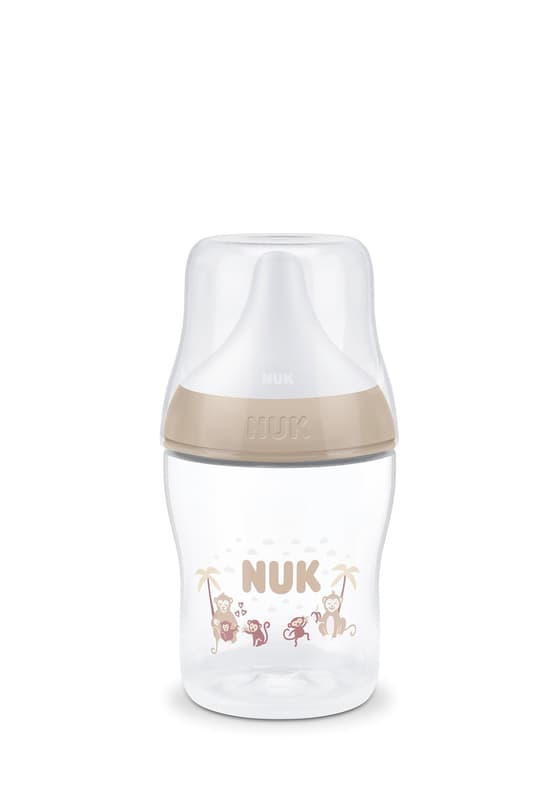 NUK Perfect Match Baby Bottle, adapts to baby’s natural drinking behavior, anti-colic, 150 ml, from 0+ months, monkey design