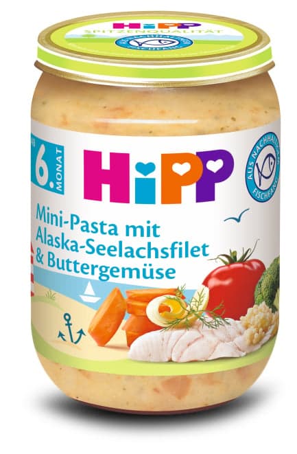 HiPP Mini-Pasta mit Alaska-Seelachsfilet und Buttergemüse ab 6. Monat