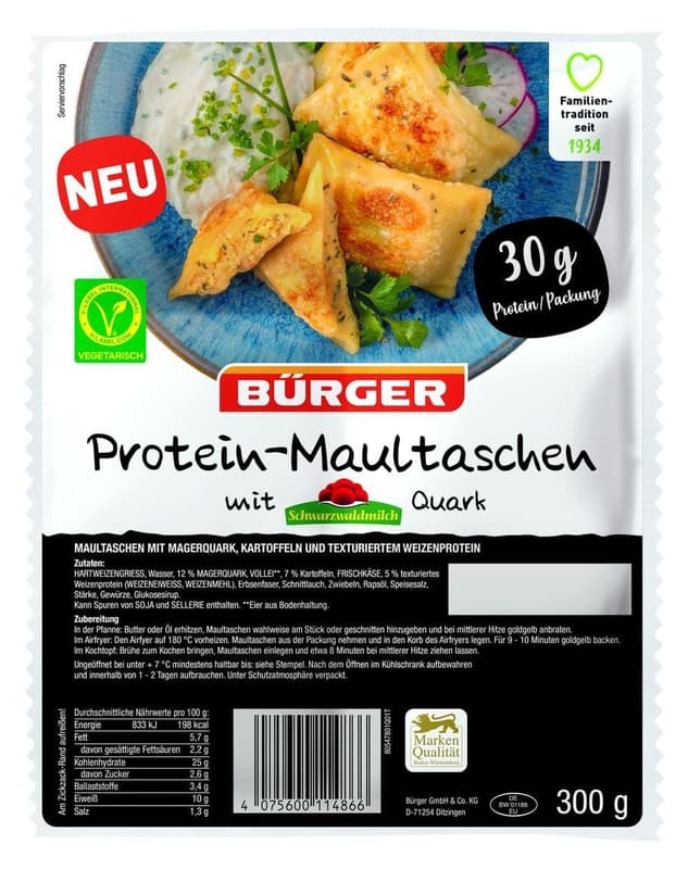 Bürger Protein-Maultaschen mit Schwarzwaldmilch Quark