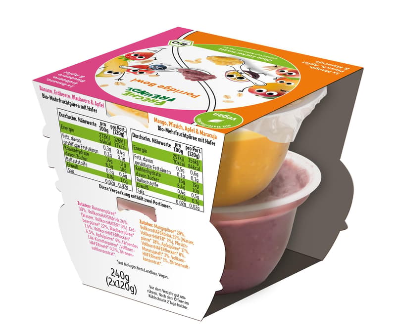 Freche Freunde Bio Porridge Bowl Banane, Erdbeere, Blaubeere, Apfel & Mango, Pfirsich, Apfel, Maracuja