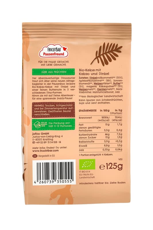 FruchtBar Pausenfreund Bio-Dino-Kekse-Kakao, Dinkel