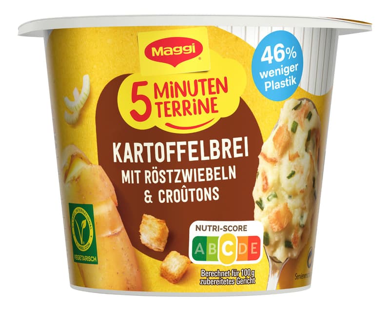 Maggi 5 Minuten Terrine Kartoffelbrei mit Röstzwiebeln und Croutons