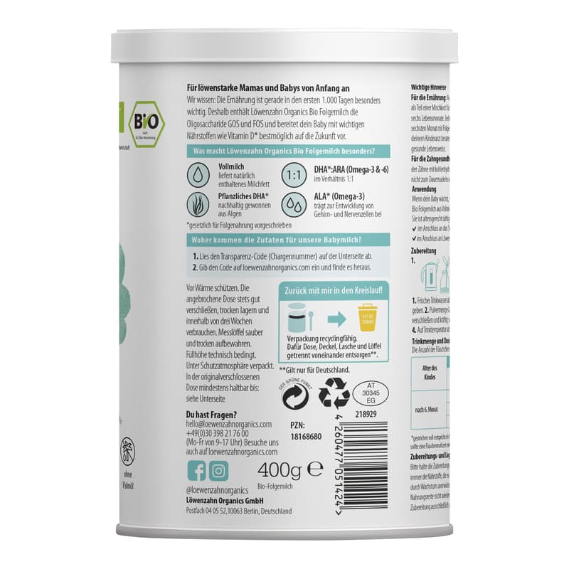 Löwenzahn Organics Bio Folgemilch aus Vollmilch nach dem 6. Monat