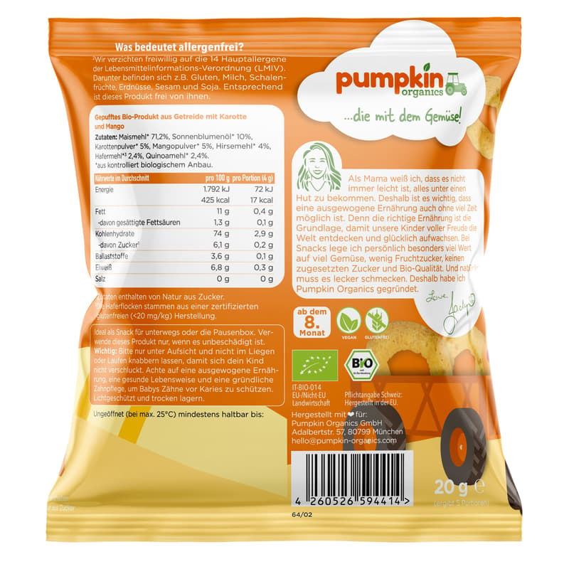 Pumpkin Organics - Bio Mehrkorn Ringe mit Karotte & Mango