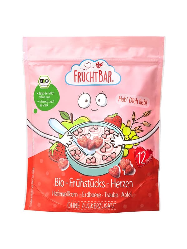 FruchtBar – Bio-Frühstücks-Herzen Hafervollkorn, Erdbeere, Traube, Apfel