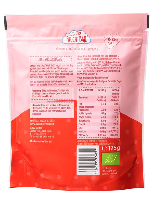 FruchtBar – Bio-Frühstücks-Herzen Hafervollkorn, Erdbeere, Traube, Apfel