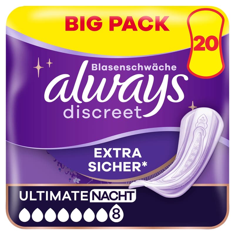 Always Discreet Incontinence Pads For Women Ultimate Night 20 pieces