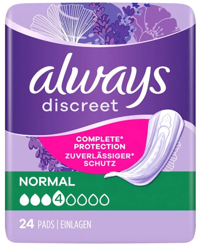 Always Discreet Inkontinenz-Einlagen Normal Monatspaket bei Blasenschwäche, 96 Einlagen (4 Packungen x 24 Stück)