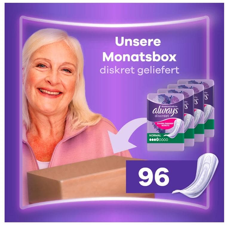 Always Discreet Inkontinenz-Einlagen Normal Monatspaket bei Blasenschwäche, 96 Einlagen (4 Packungen x 24 Stück)