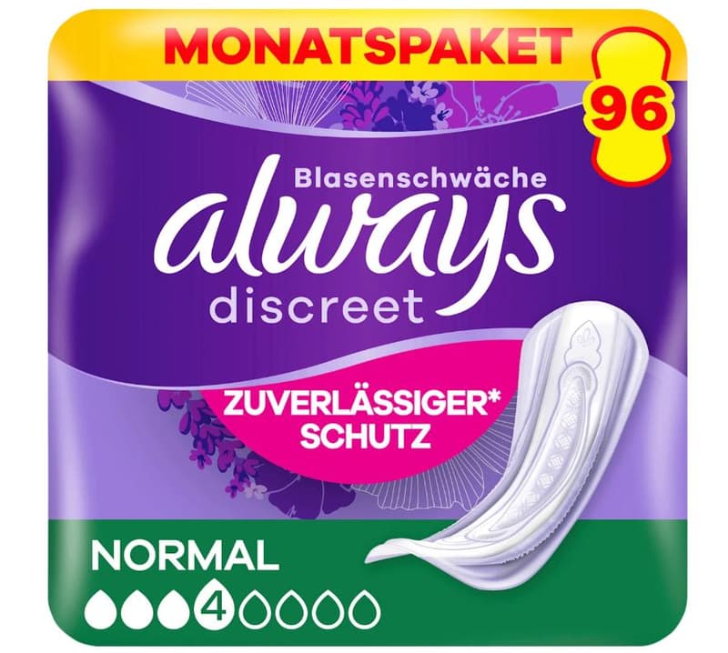 Always Discreet Inkontinenz-Einlagen Normal Monatspaket bei Blasenschwäche, 96 Einlagen (4 Packungen x 24 Stück)