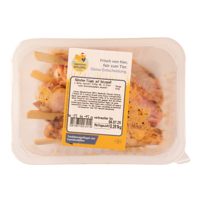 Traditionsgeflügel Hähnchen Flügel Spieß mariniert Trüffel