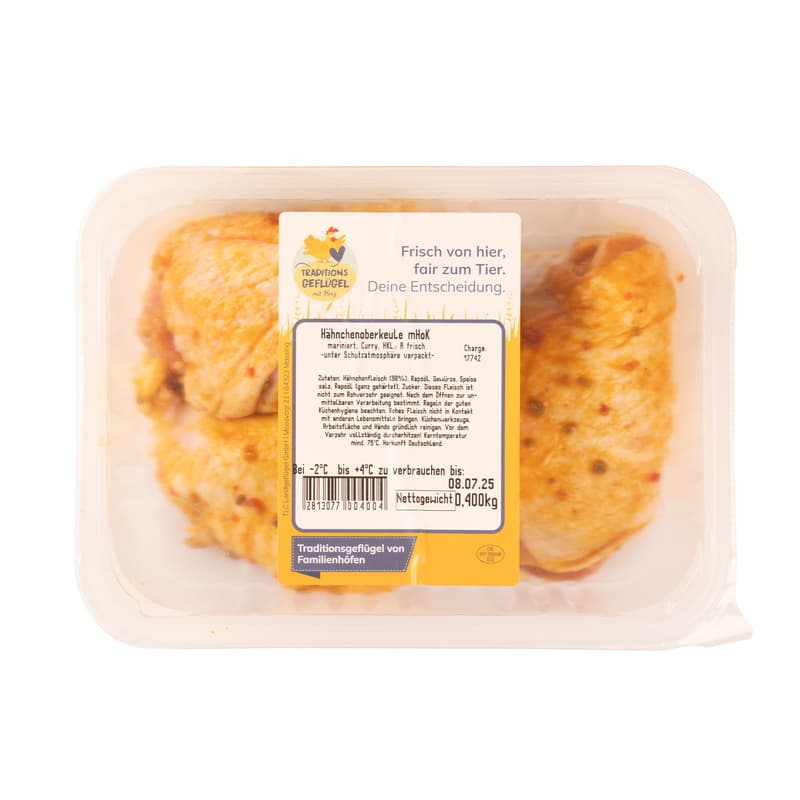 Traditionsgeflügel Hähnchen Keulensteak mariniert Curry