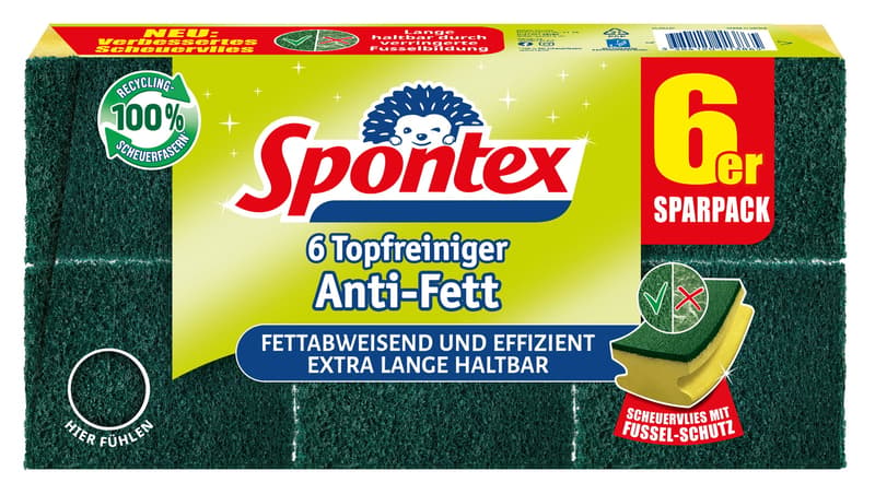 Spontex Pot Cleaner Anti-Grease x6 with grease-repellent recycled fibres and lint protection