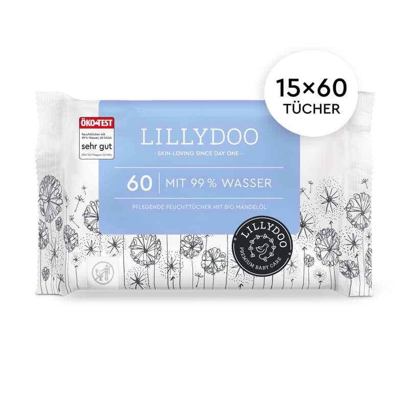 LILLYDOO Feuchttücher mit 99 % Wasser , 15 x 60 Stück