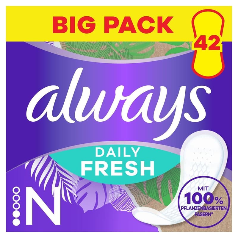 Always Daily Fresh Slipeinlagen Normal, mit 100 % pflanzenbasierten Fasern, 42 Stück, ohne Duft