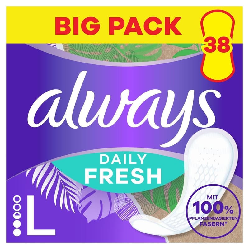 Always Daily Fresh panty liners Long, with 100 % plant-based fibres, 38 pieces, unscented