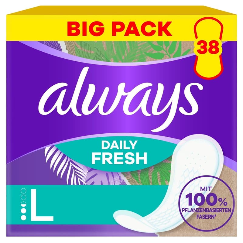 Always Daily Fresh panty liners Long, with 100 % plant-based fibres, 38 pieces, unscented