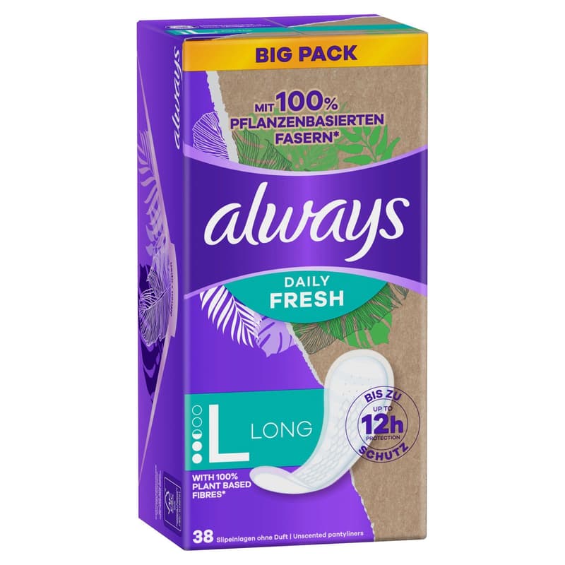 Always Daily Fresh panty liners Long, with 100 % plant-based fibres, 38 pieces, unscented