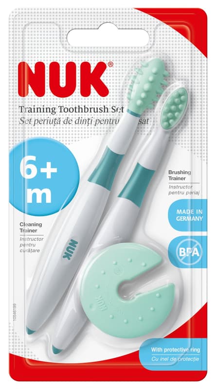 NUK Dental Care Learning Set, 2-piece, brushing learning pen and brushing trainer including protective ring, optimal preparation for brushing, BPA-free