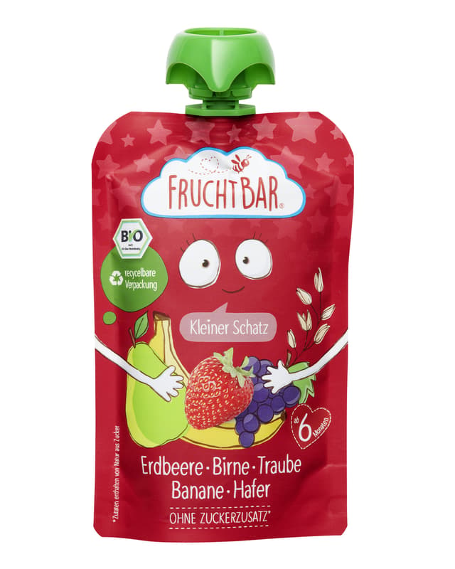 FruchtBar BIO fruit puree ‘Kleiner Schatz’ strawberry, pear, grape, banana, oats