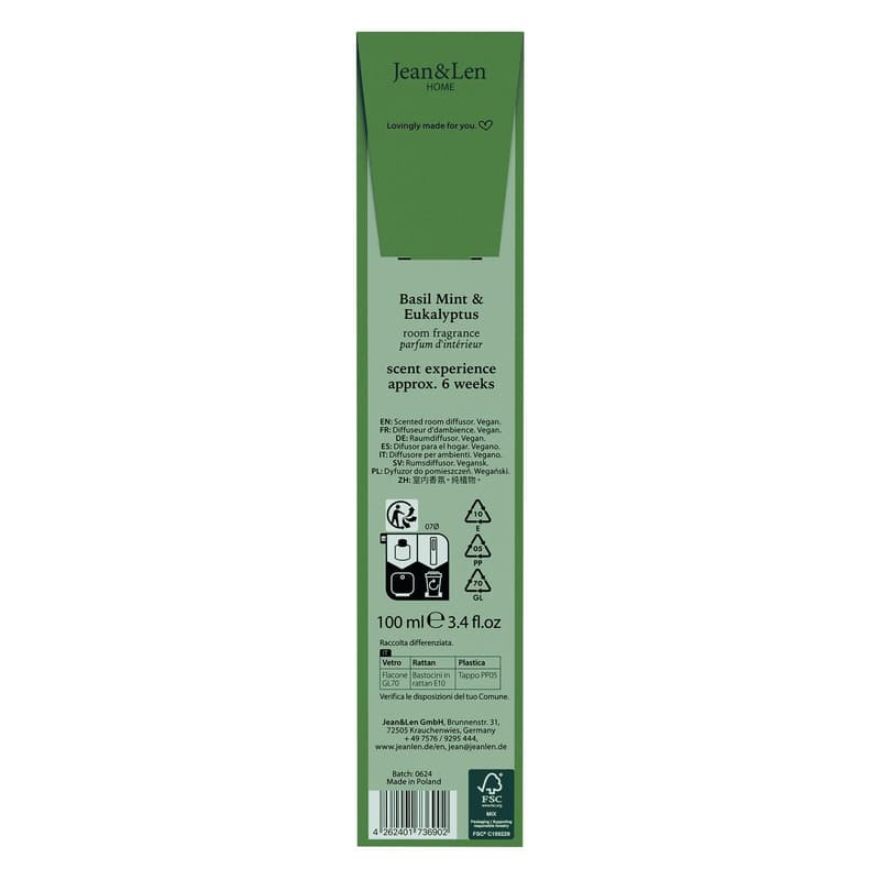 Jean&Len Scented Room Diffusor Basil Mint & Eucalyptus