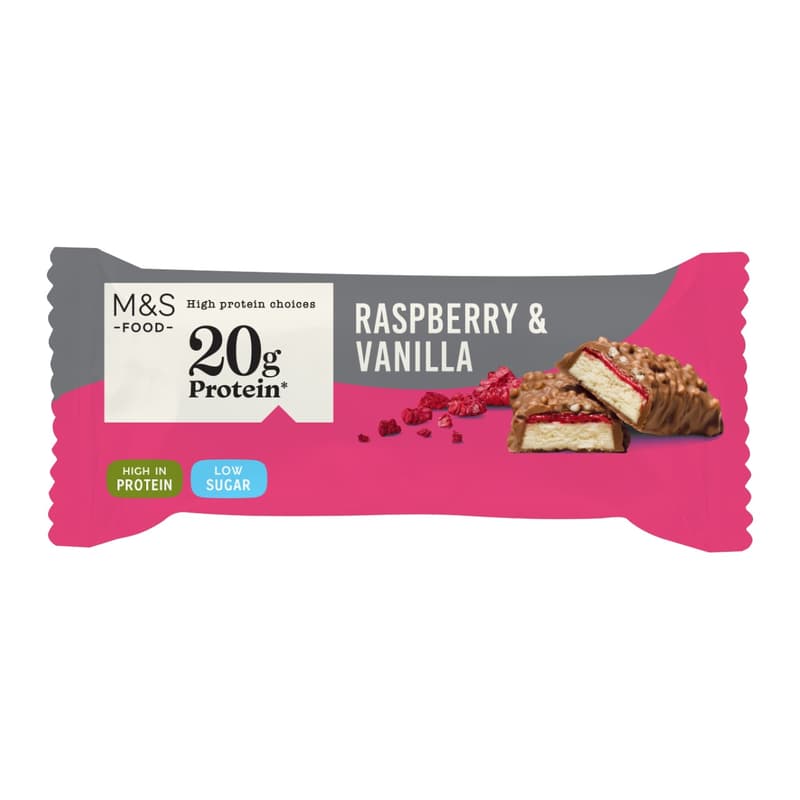 Marks & Spencer Himbeer & Vanille Proteinriegel mit Milchschokolade
