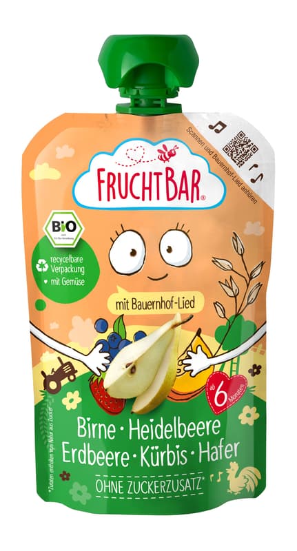 FruchtBar Bio-Fruchtpüree Bauernhof Banane, Birne, Blaubeere,Kürbis, Hafer