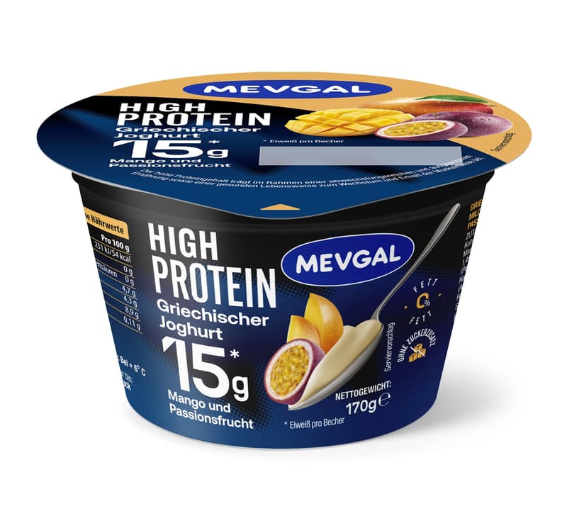 Mevgal Griechischer Joghurt High Protein 0 % Fett Mango, Passionsfruchtgeschmack